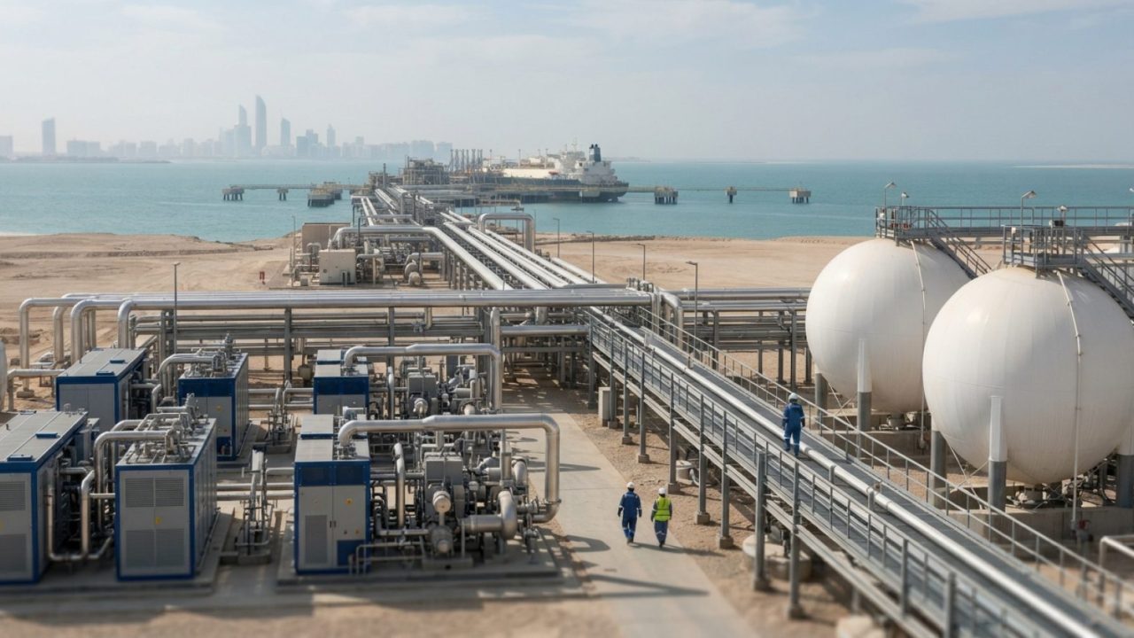 Illustration: Industrial green hydrogen and ammonia production facility in an arid coastal region with electrolyser units, white storage spheres, pipe