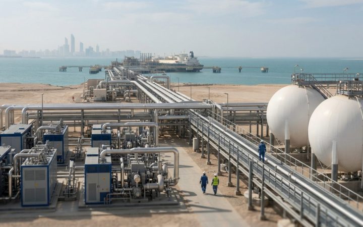 Illustration: Industrial green hydrogen and ammonia production facility in an arid coastal region with electrolyser units, white storage spheres, pipe
