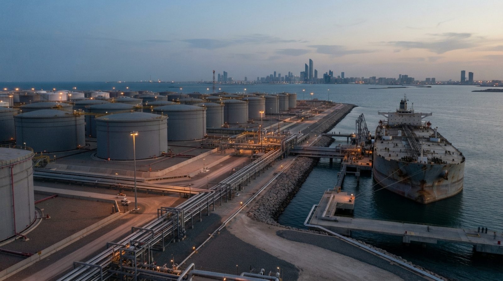 Illustration: A vast coastal crude oil storage terminal at dusk, showing rows of massive industrial oil storage tanks, interconnected pipelines, and a