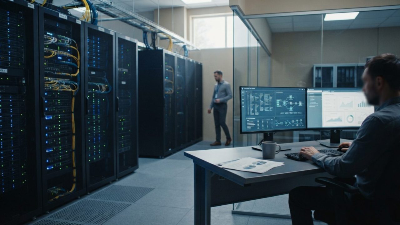 Illustration: A modern data server room interior with illuminated server racks and fiber optic cables, alongside a professional office desk with digit