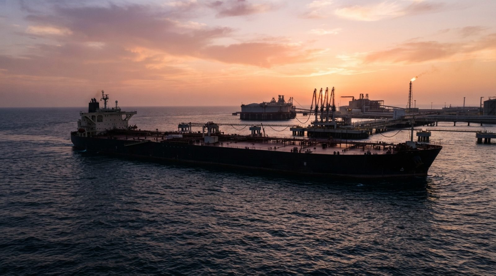 Illustration: A very large crude oil tanker sailing at sea near an offshore oil loading terminal at sunset, showing the silhouette of deck piping and