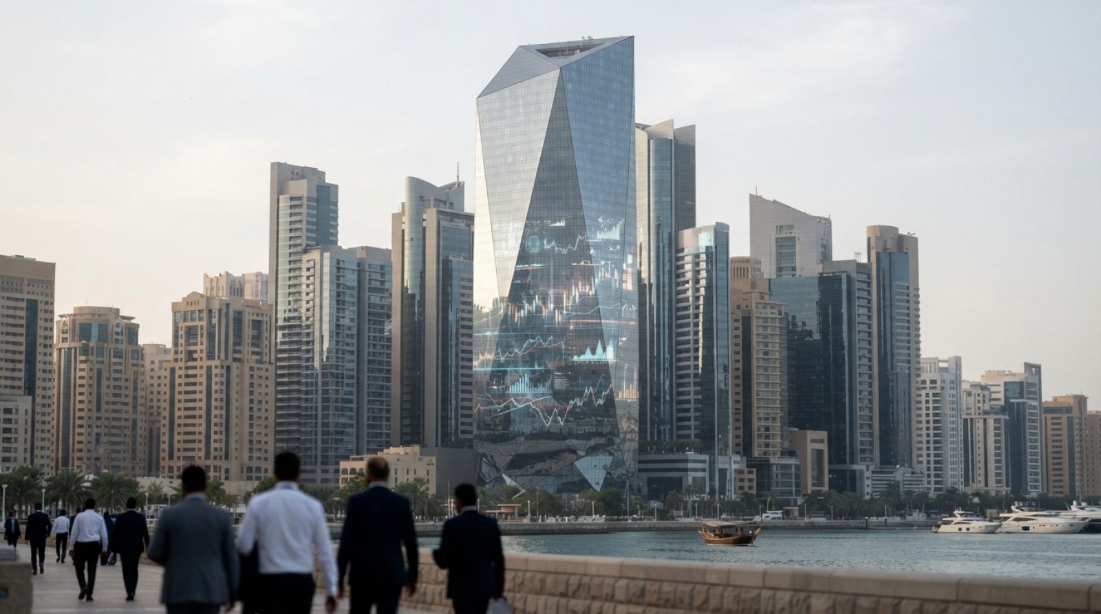 Illustration: Editorial photograph showing modern financial skyscrapers in a Gulf financial hub with glowing digital data visualizations and exchange