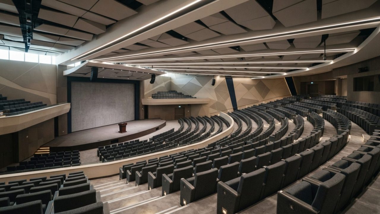 Illustration: A wide interior view of a modern, empty international convention center and auditorium in Riyadh, showing tiered amphitheater seating, c