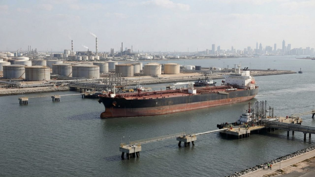 Illustration: A large commercial crude oil tanker navigating near an industrial coastal oil terminal with storage tanks and pipeline infrastructure vi