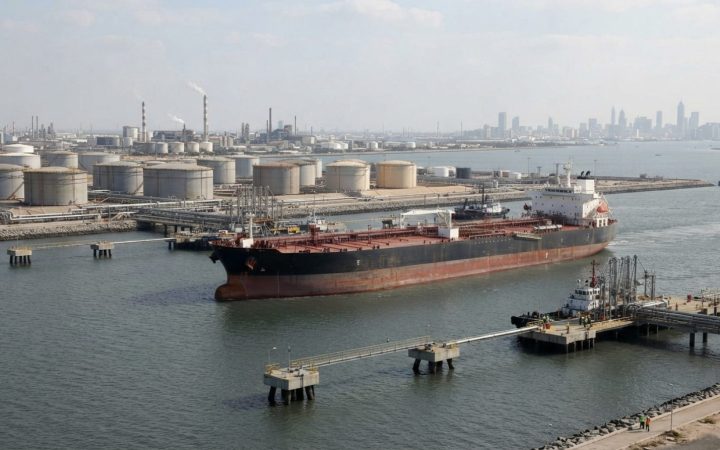 Illustration: A large commercial crude oil tanker navigating near an industrial coastal oil terminal with storage tanks and pipeline infrastructure vi