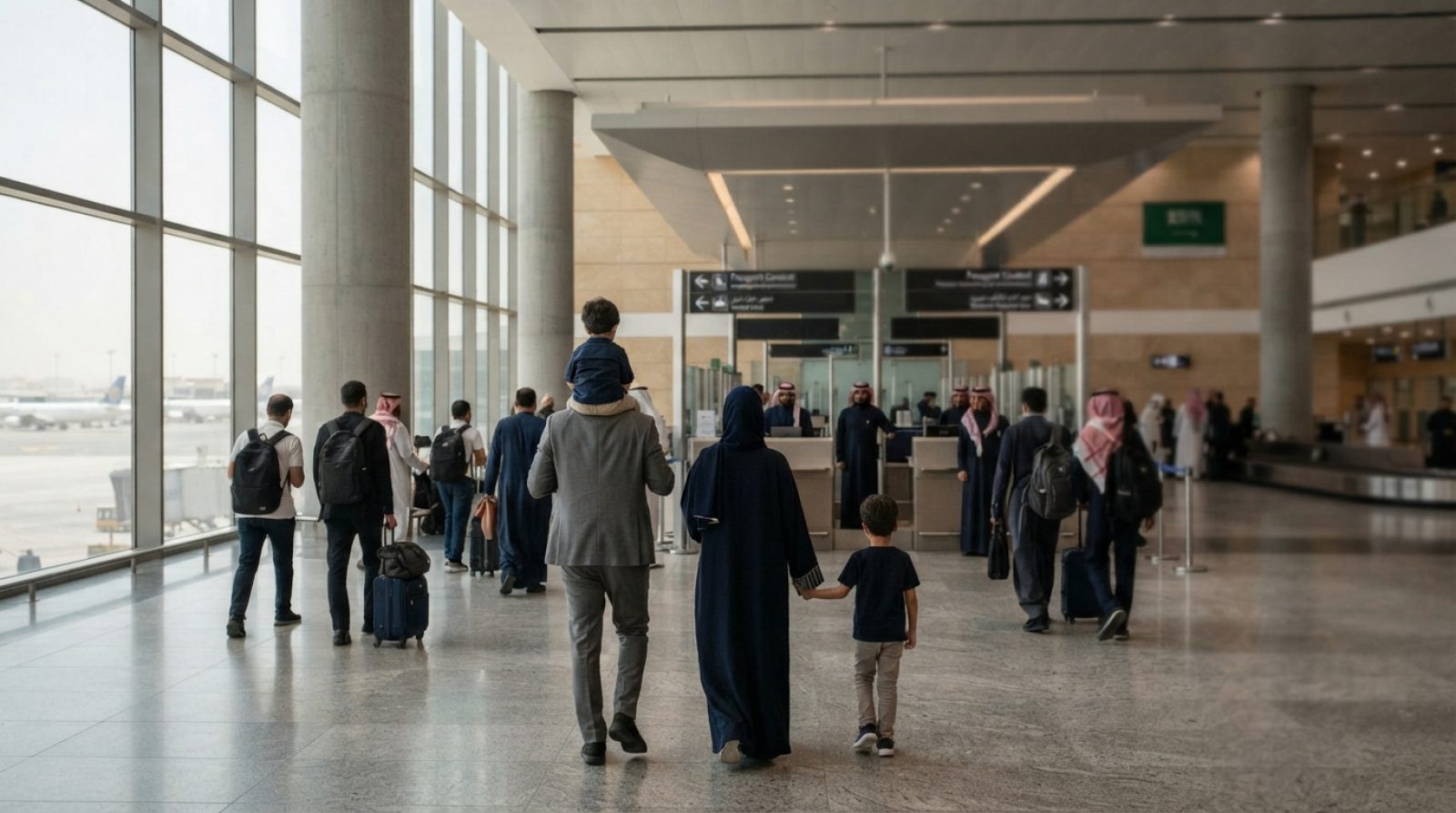 Illustration: A modern, bright international airport arrival terminal in Saudi Arabia showing international business travelers with family members wal