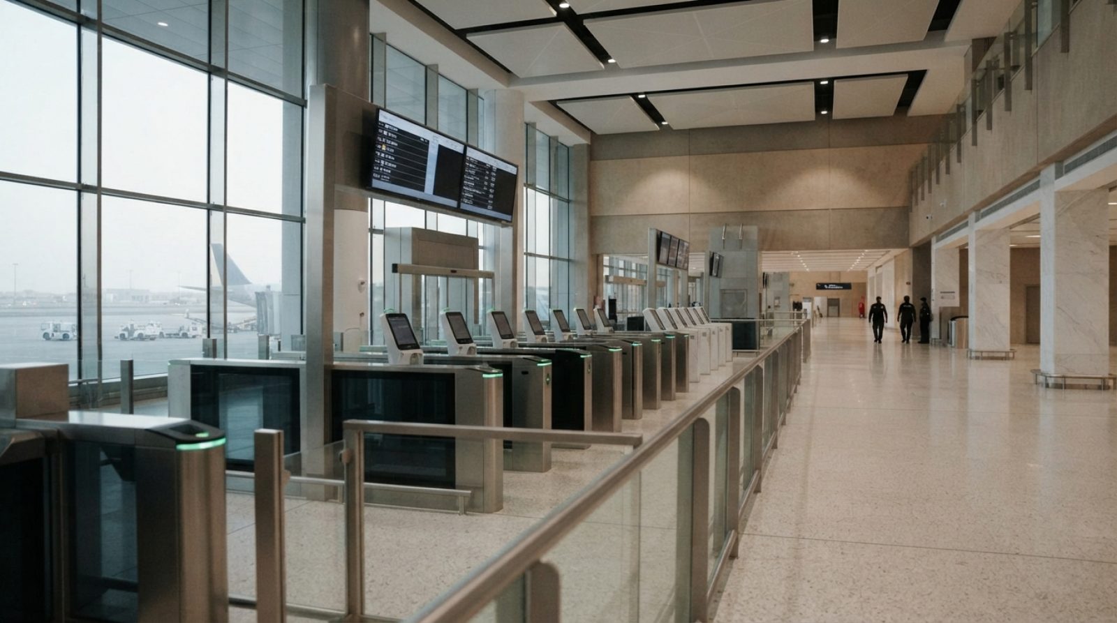 Illustration: Editorial photograph of a bright, modern international terminal hall at a Saudi Arabian airport with digital immigration gates, clean ar