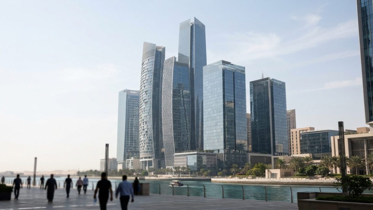 Illustration: Exterior view of modern glass financial and corporate office towers under bright daylight in the Middle East, with clean architectural l