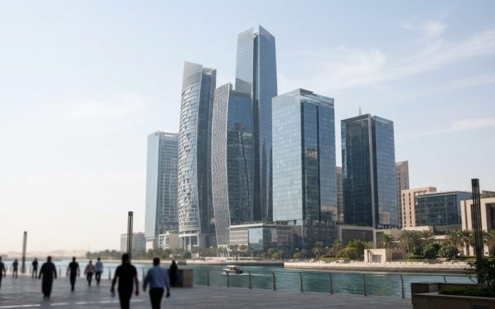 Illustration: Exterior view of modern glass financial and corporate office towers under bright daylight in the Middle East, with clean architectural l