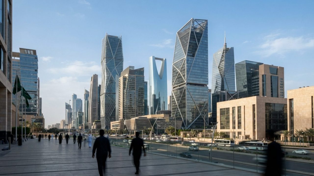 插图：利雅得现代企业大厦与中央银行区建筑在晴朗日光下的广角建筑全景，带有cle