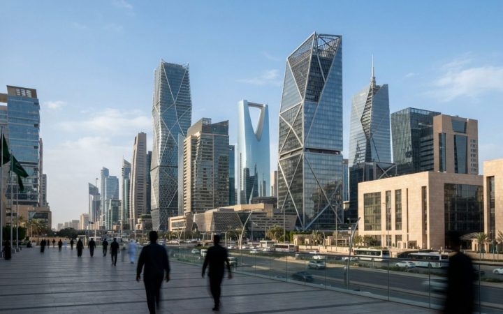 Illustration: Wide-angle architectural view of modern corporate towers and central banking district buildings in Riyadh under clear daylight, with cle