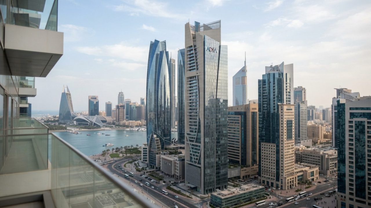 Illustration: Financial district skyscrapers in Abu Dhabi and Riyadh during daytime, featuring modern banking headquarters with glass facades reflecti
