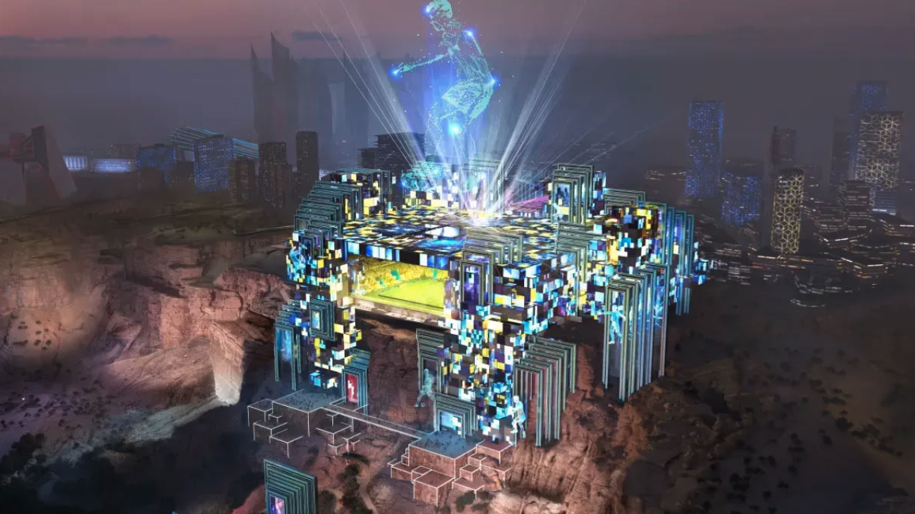 Futuristic architectural rendering of a cliffside stadium with glowing holographic projections at night