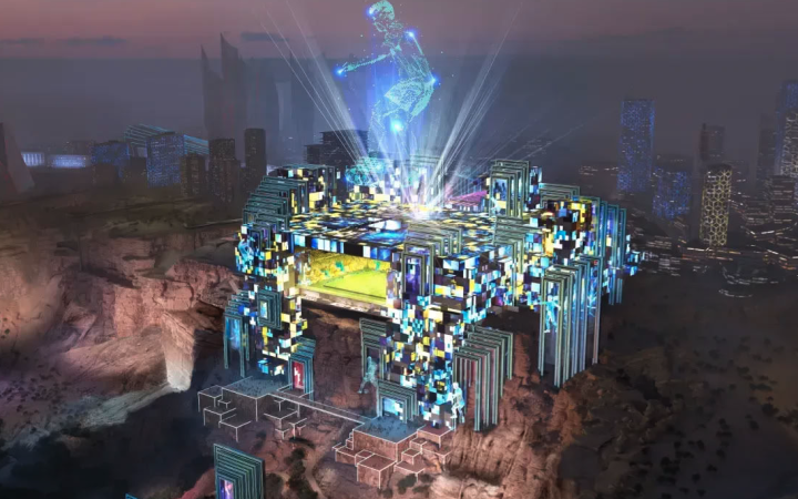 Futuristic architectural rendering of a cliffside stadium with glowing holographic projections at night