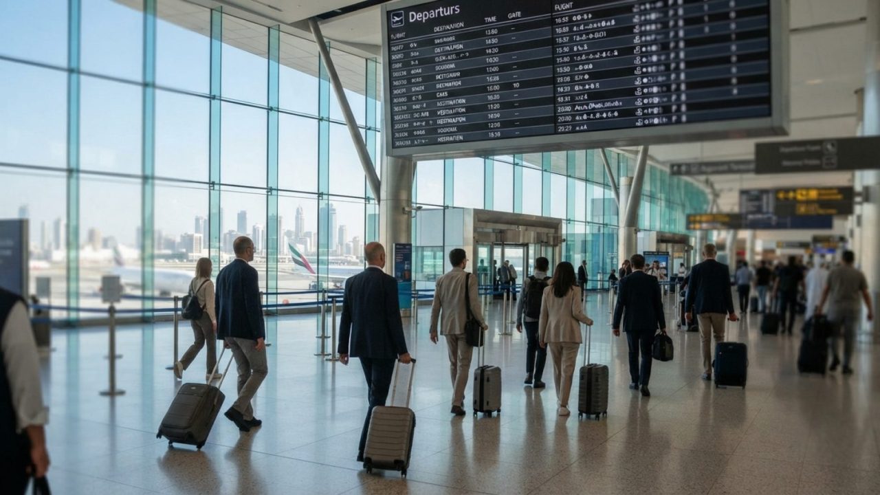 Illustration: A modern airport departures concourse in the UAE, showing travellers walking with rolling suitcases near a large electronic departure bo