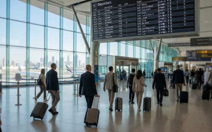 Illustration: A modern airport departures concourse in the UAE, showing travellers walking with rolling suitcases near a large electronic departure bo