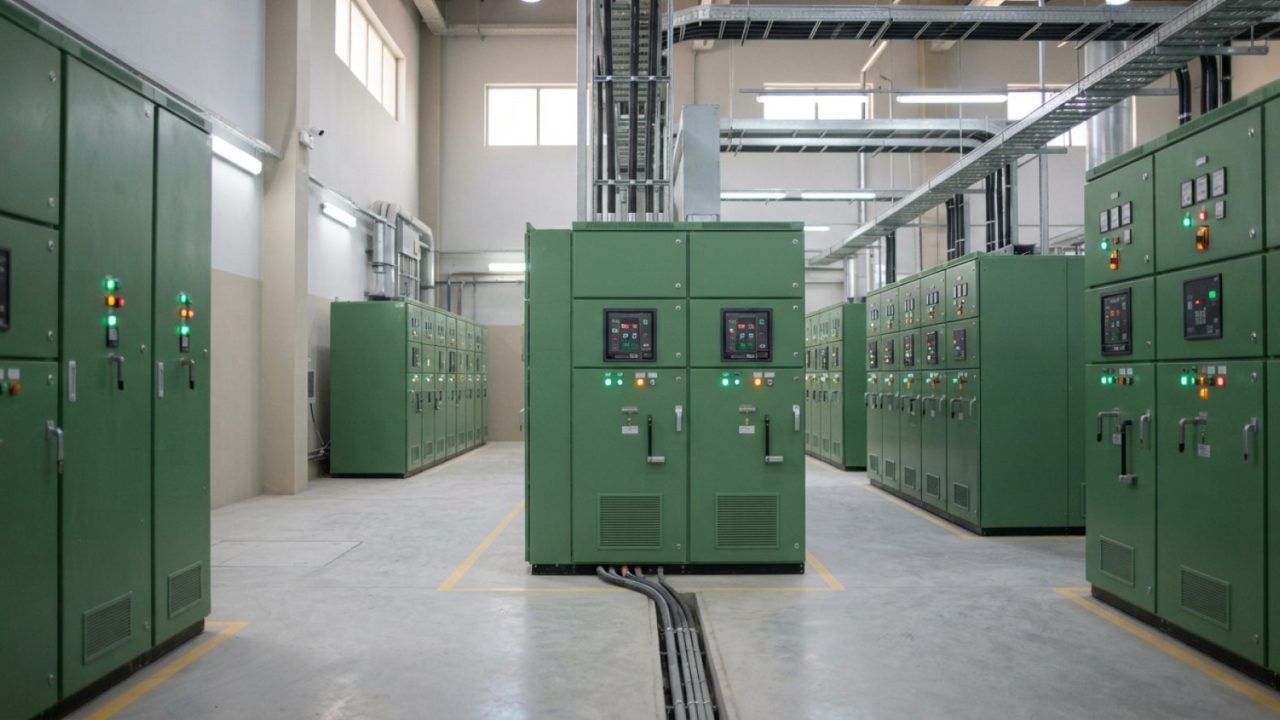 Illustration: Editorial photograph of a clean, brightly illuminated modern electrical distribution substation interior, showing rows of enclosed mediu