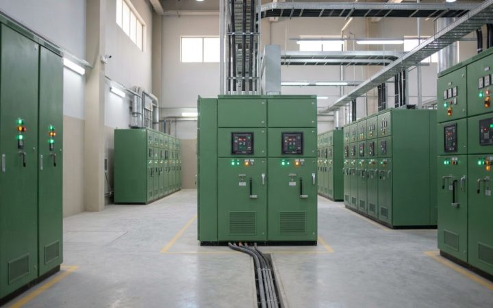 Illustration: Editorial photograph of a clean, brightly illuminated modern electrical distribution substation interior, showing rows of enclosed mediu