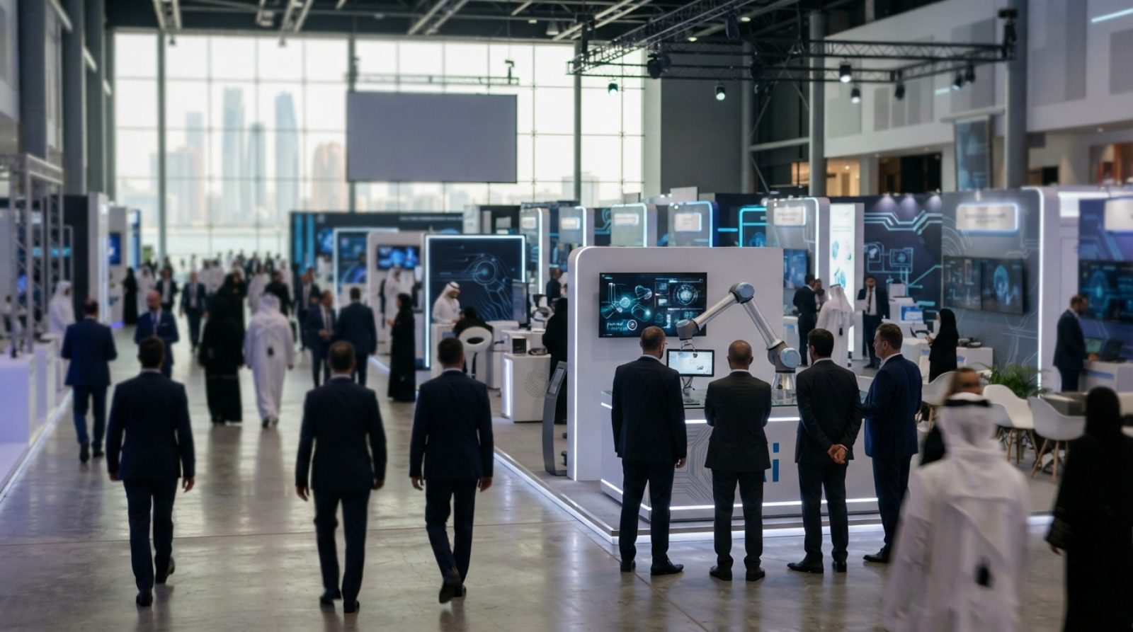 Illustration: Futuristic exhibition hall at a major artificial intelligence tech conference in Abu Dhabi, showcasing illuminated digital presentation