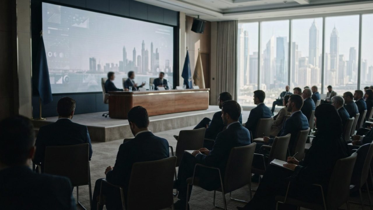 Illustration: A modern corporate conference hall in Dubai with sleek digital screens and professional seating, focused on business discussions without