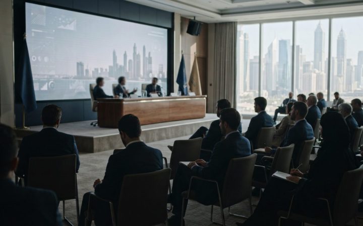 Illustration: A modern corporate conference hall in Dubai with sleek digital screens and professional seating, focused on business discussions without