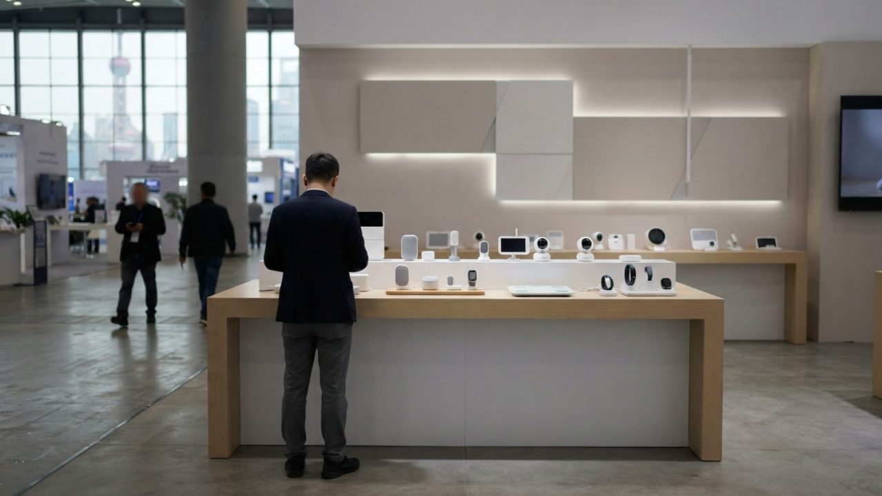 Illustration: A modern consumer technology exhibition booth in Shanghai with clean minimalist display tables, featuring smart health hardware and baby