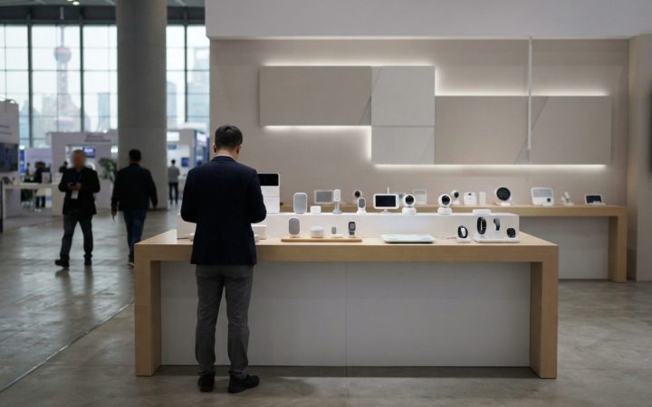 Illustration: A modern consumer technology exhibition booth in Shanghai with clean minimalist display tables, featuring smart health hardware and baby