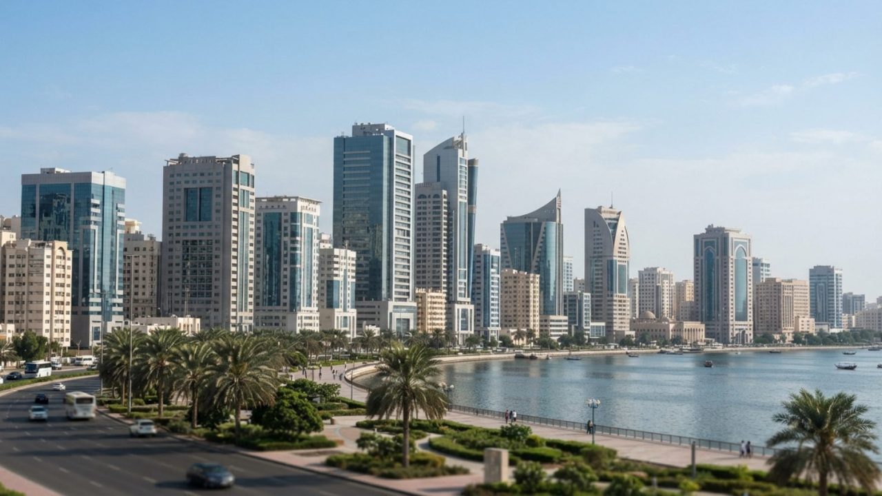 Illustration: A modern skyline and business district in Sharjah with corporate office buildings and palm trees under bright daylight, editorial busine