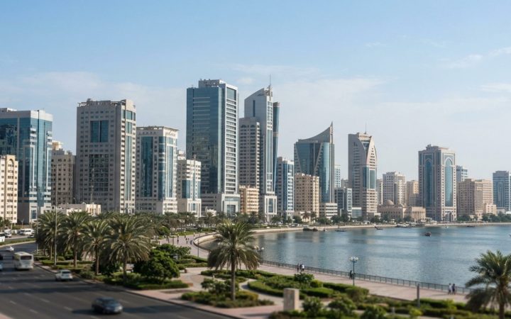 Illustration: A modern skyline and business district in Sharjah with corporate office buildings and palm trees under bright daylight, editorial busine