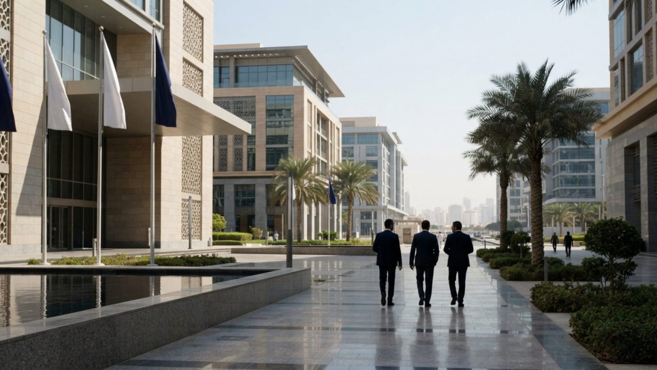 Illustration: A modern commercial government district in Sharjah with contemporary architectural buildings, palm trees, and professional business offi
