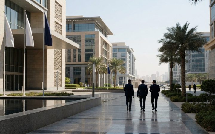 رسم توضيحي: حي حكومي وتجاري حديث في الشارقة يضم مبانٍ معمارية معاصرة، وأشجار نخيل، ومكاتب أعمال مهنية