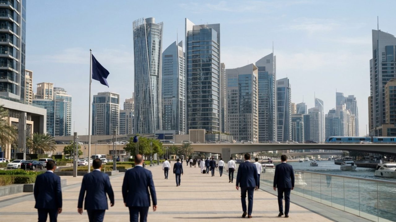 Illustration: A modern commercial district in the United Arab Emirates featuring sleek high-rise office towers and clean architectural lines under cle