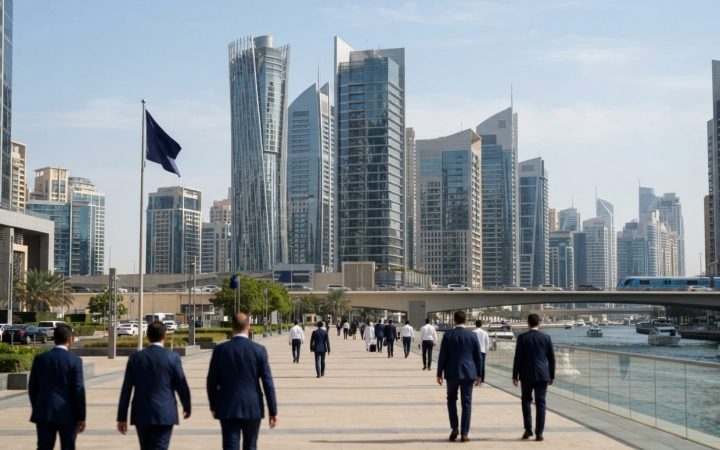 Illustration: A modern commercial district in the United Arab Emirates featuring sleek high-rise office towers and clean architectural lines under cle