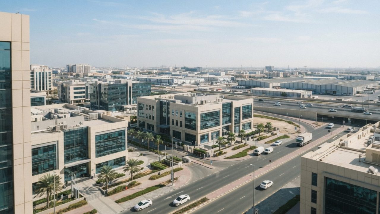 Illustration: Modern commercial office buildings and high-tech infrastructure in Sharjah under clear skies, reflecting economic development and indust