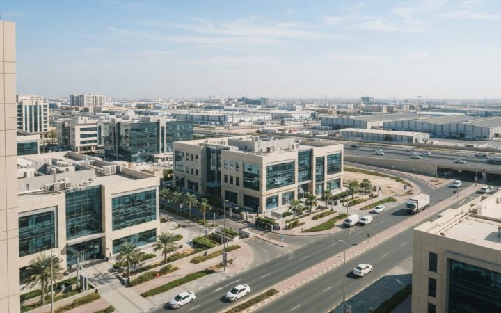 Illustration: Modern commercial office buildings and high-tech infrastructure in Sharjah under clear skies, reflecting economic development and indust