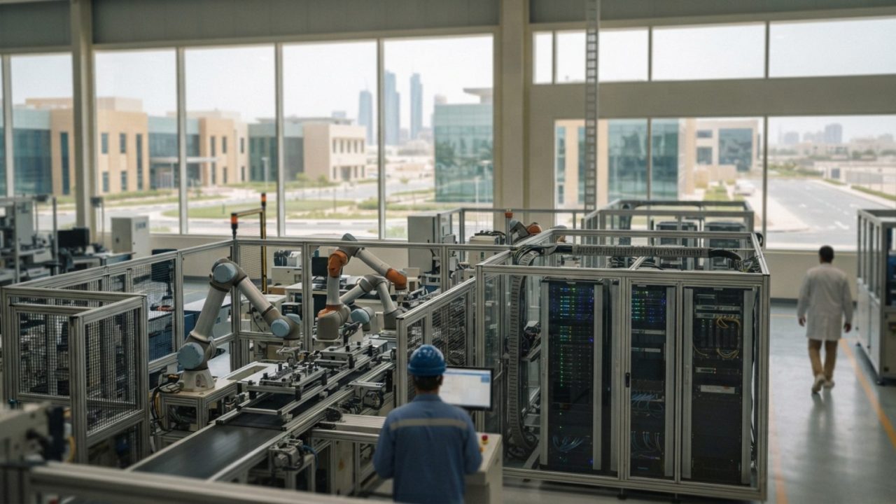 Illustration: Modern high-tech industrial manufacturing facility with robotic automation lines and server racks in an advanced Middle Eastern business