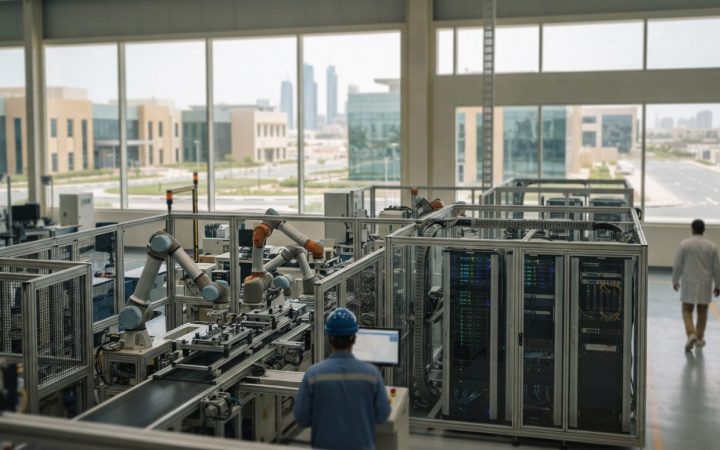 Illustration: Modern high-tech industrial manufacturing facility with robotic automation lines and server racks in an advanced Middle Eastern business