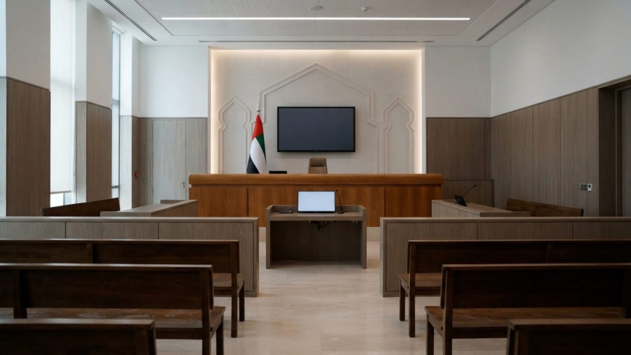 رسم توضيحي: التصميم الداخلي لقاعة محكمة عصرية وبسيطة في دولة الإمارات العربية المتحدة تضم مقاعد خشبية أنيقة، وشاشات عرض رقمية غير بارزة على
