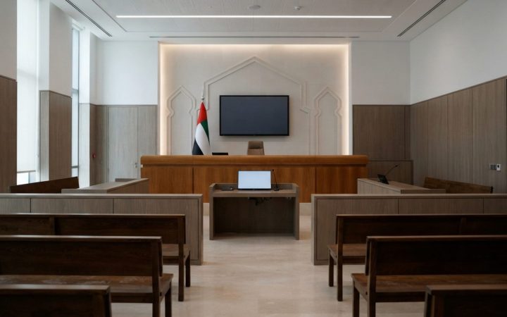 رسم توضيحي: التصميم الداخلي لقاعة محكمة عصرية وبسيطة في دولة الإمارات العربية المتحدة تضم مقاعد خشبية أنيقة، وشاشات عرض رقمية غير بارزة على