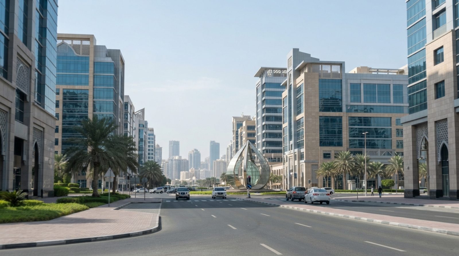 Illustration: A modern commercial district in Sharjah showing high-rise office towers, modern architectural business buildings, clean roads with palm