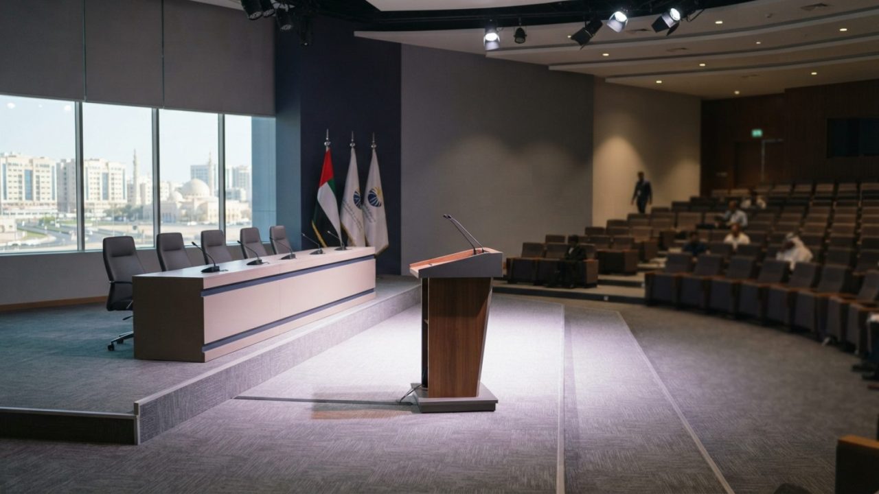 Illustration: A modern, bright business conference hall with empty stage seating, podium, and tiered audience rows illuminated by professional venue l