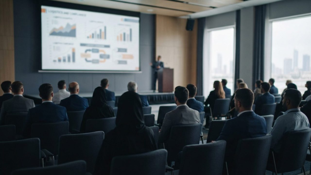 Illustration: A modern corporate seminar hall in the United Arab Emirates with business professionals seated in an audience facing a presentation scre