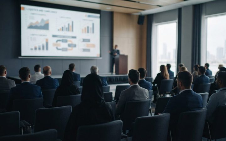 Illustration: A modern corporate seminar hall in the United Arab Emirates with business professionals seated in an audience facing a presentation scre