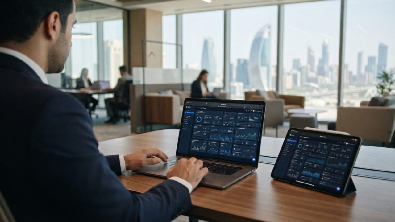 Illustration: A modern corporate office setting in the UAE featuring a laptop and tablet displaying a clean digital business registration dashboard an
