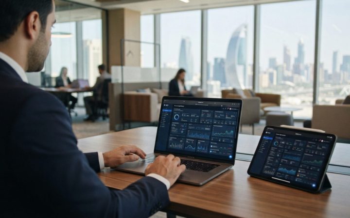 Illustration: A modern corporate office setting in the UAE featuring a laptop and tablet displaying a clean digital business registration dashboard an