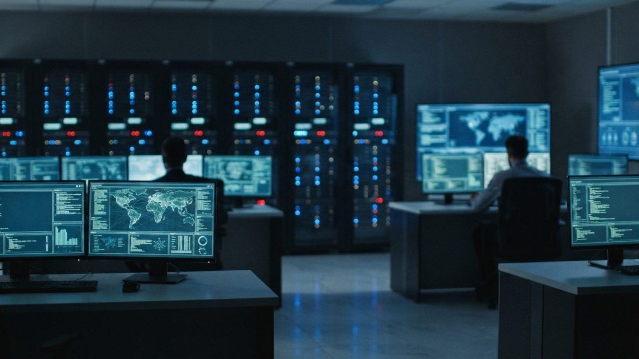 Illustration: Editorial photograph showing modern digital forensic and cybersecurity operations center in the UAE, glowing server rack lights and mult