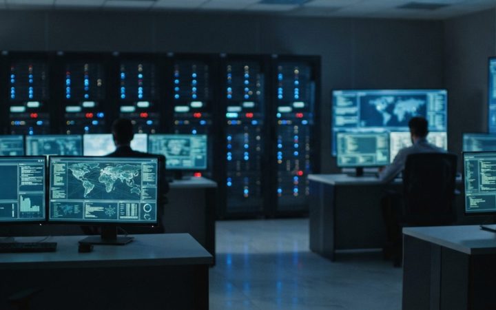 Illustration: Editorial photograph showing modern digital forensic and cybersecurity operations center in the UAE, glowing server rack lights and mult