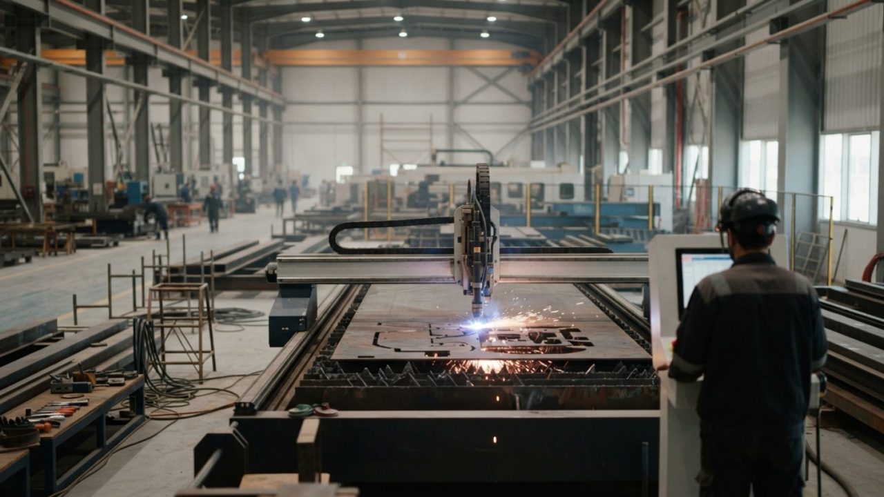 Illustration: Industrial metalworking machinery and advanced CNC steel cutting equipment operating on a modern factory floor in the United Arab Emirat