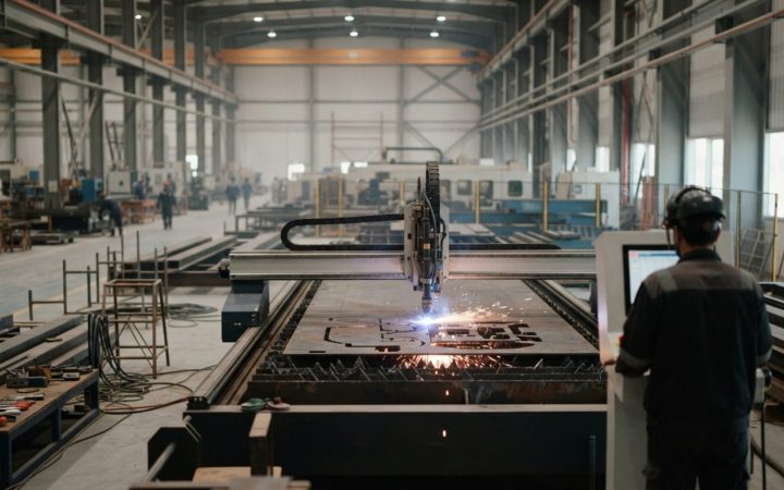 Illustration: Industrial metalworking machinery and advanced CNC steel cutting equipment operating on a modern factory floor in the United Arab Emirat