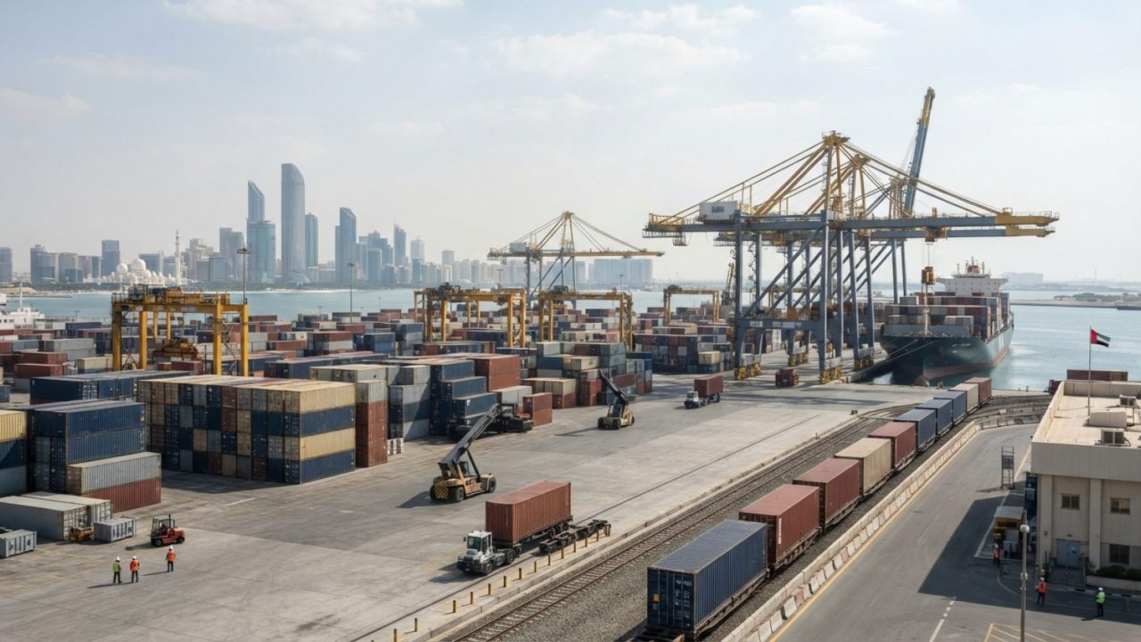توضيح: عمليات محطة حاويات تجارية في ميناء بحري للمياه العميقة بالشرق الأوسط، تُظهر رافعات جسرية، وحاويات شحن مكدسة، و